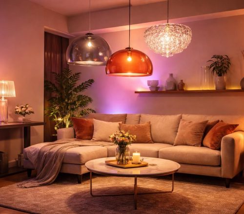 apportez une touche moderne et chaleureuse à votre salon grâce aux luminaires design kartell associés aux éclairages connectés philips hue pour une ambiance cosy et personnalisée.