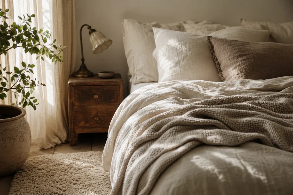 Mariez textiles doux et tintements légers pour une chambre cocooning